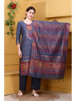 Kidar - Grey Woven Kurta Set with Dupatta