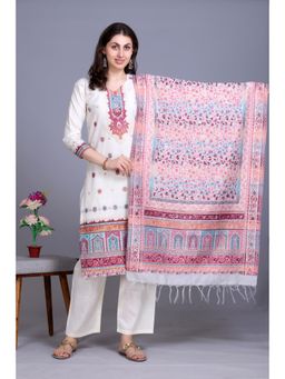 Kidar - White and Pink Woven Kurta Set with Dupatta