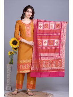 Kidar - Mustard Yellow and Brown Woven Kurta Set with Dupatta