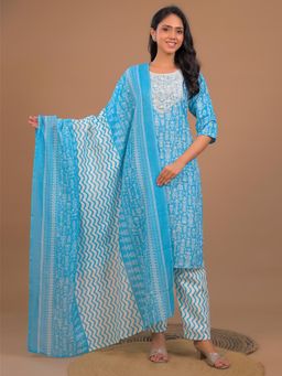 MEENA BAZAAR - Blue and White Printed Kurta Set With Dupatta