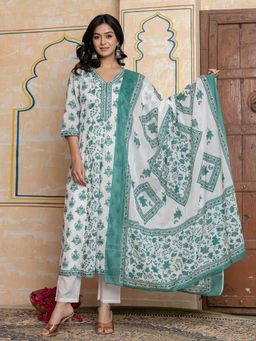 MEENA BAZAAR - Green Printed Cotton Anarkali Kurta Set With Dupatta
