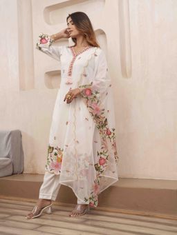 MEENA BAZAAR - White Embroidered Cotton Salwar Kurta and Dupatta