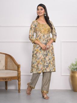 MEENA BAZAAR - Beige Printed Muslin Kurta and Pants Set
