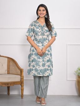 MEENA BAZAAR - Cream and Blue Printed Muslin Kurta and Pants Set