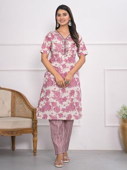 MEENA BAZAAR - Cream and Pink Printed Muslin Kurta and Pants Set
