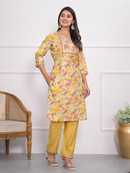 MEENA BAZAAR - Mustard Printed Muslin Kurta and Pants Set