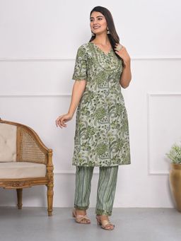 MEENA BAZAAR - Green Printed Muslin Kurta and Pants Set