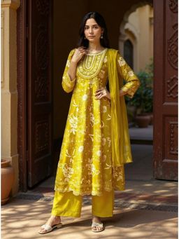Rangita - Mustard Embroidered and Printed Anarkali Kurta Set