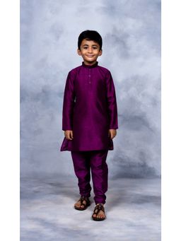 Ahalyaa Kids - Boys Purple Poly Silk Solid Kids Kurta Churidar Set