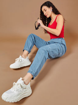 DOLCE CRUDO - Women's Light Blue High Rise Stretchable Denim Joggers