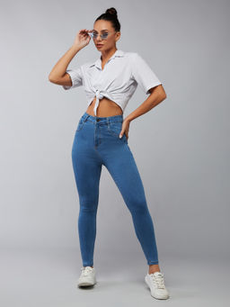 DOLCE CRUDO - Women Blue Solid Skinny High Rise Cropped Stretchable Denim Jeans