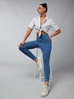 DOLCE CRUDO - Women Blue Solid Skinny High Rise Cropped Stretchable Denim Jeans