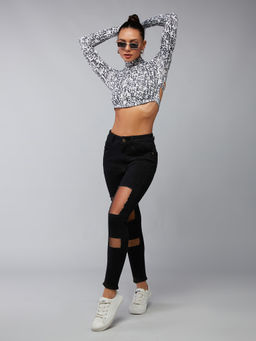 DOLCE CRUDO - Women Black Slim Fit High Rise Ripped Denim Stretchable Jeans