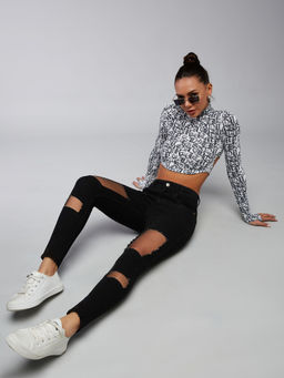 DOLCE CRUDO - Women Black Slim Fit High Rise Ripped Net Denim Stretchable Jeans