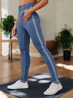 DOLCE CRUDO - Women Blue Skinny High Rise Fringe Silky Denim Tape Cropped Denim Jeans