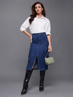 Miss Chase - Womens Navy Blue Straight High Rise Clean Look Midi Denim Skirt