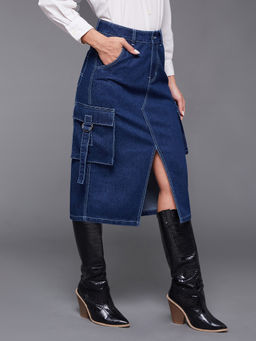 Miss Chase - Women's Navy Blue Straight High Rise Clean Look Midi Denim Skirt