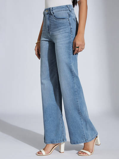 Miss Chase Blue Wide Leg High Rise Clean Look Regular Length Stretchable Denim Jeans