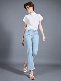 Miss Chase - Women's Light Blue Boot Cut Cropped Stretchable Workwear Denim Jeans