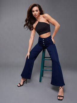 Miss Chase - Women Navy Blue Wide-Leg High-Rise Stretchable Jeans