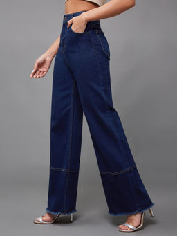 Miss Chase - Women Navy Blue Wide Leg High Rise Regular Stretchable Jeans