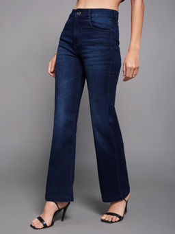Miss Chase - Women Navy Blue Wide Leg Mid Rise Regular Stretchable Jeans