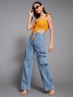 Miss Chase - Women Blue Wide-Leg High-Rise Stretchable Patch-Pocketed Jeans
