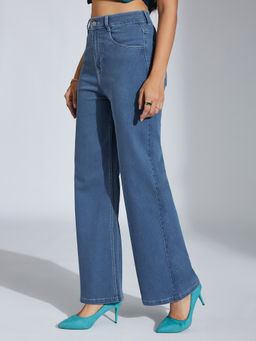 Miss Chase - Women Blue Wide-Leg High-Rise Regular-Length Stretchable Jeans