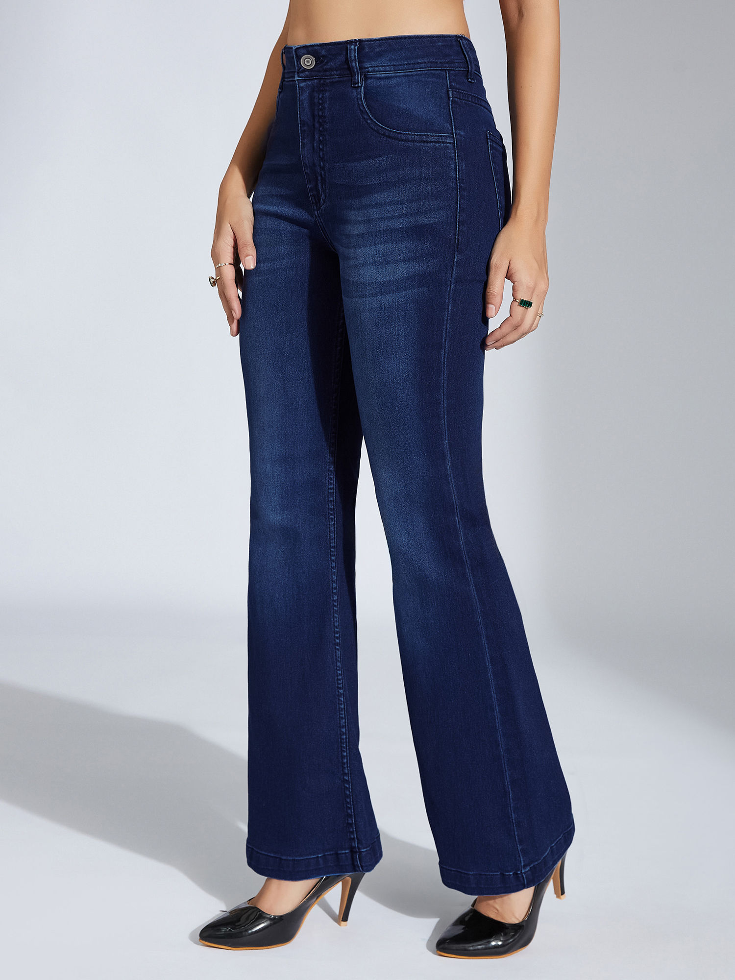 miss chase Women Navy High-Rise Regular-Length Stretchable Flared Jeans-picture-12