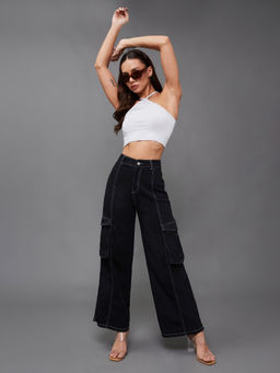 Miss Chase - Women Black Wide-Leg High-Rise Stretchable Patch-Pocketed Jeans