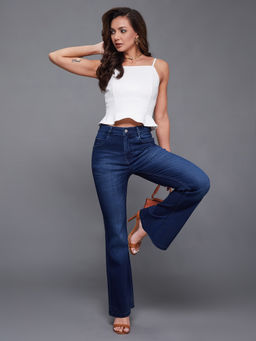 Miss Chase - Women Navy Blue High-Rise Regular-Length Stretchable Flared Jeans