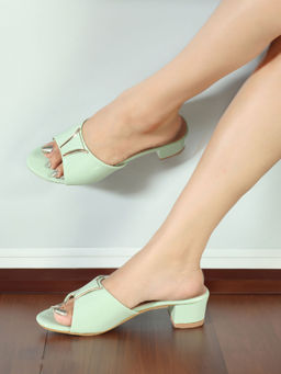 Iconics - Womens Fashionable Pista Green Color Slip-On Block Heel Sandals