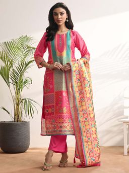 Libas - Printed Silk Blend Straight Kurta With Pant & Dupatta