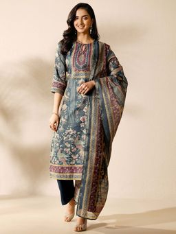 Libas - Printed Silk Blend Straight Kurta With Pant & Dupatta