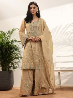 Libas Art - Embroidered Silk Blend Straight Kurta With Sharara & Dupatta