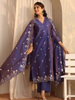 Libas - Embroidered Silk Blend Straight Kurta With Pant & Dupatta