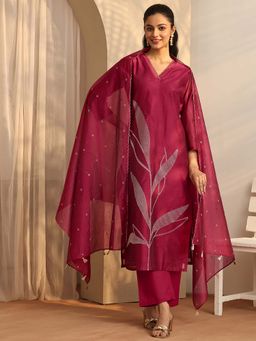 Libas - Embellished Silk Blend Straight Kurta With Pant & Dupatta