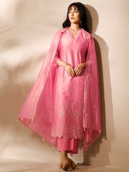 Libas - Embroidered Silk Blend Kurta With Pant & Dupatta