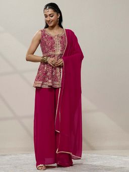 Libas - Embroidered Georgette Straight Kurta With Pant & Dupatta