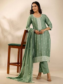 Libas - Embroidered Silk Blend Straight Fit Kurta With Pant & Dupatta