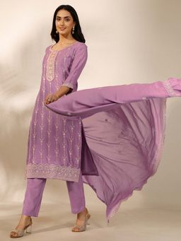 Libas - Embroidered Silk Blend Straight Fit Kurta With Pant & Dupatta