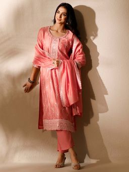 Libas - Embroidered Silk Blend Straight Fit Kurta With Pant & Dupatta