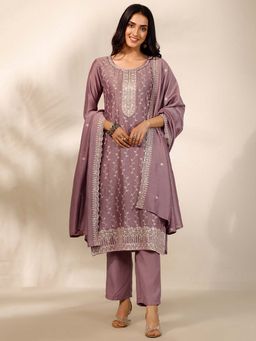 Libas - Embroidered Silk Blend Straight Fit Kurta With Pant & Dupatta