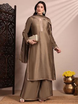 Globus - Women Taupe Kurta With Palazzo & Dupatta