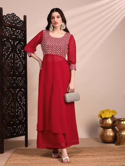 Globus - Women Red Bishop Sleeves Kurta With Palazzo