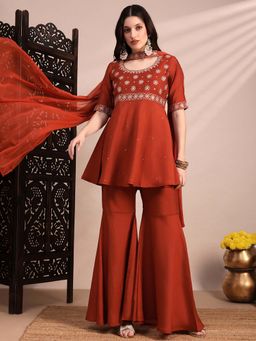 Globus - Women Orange Kurti With Sharara & Choker Dupatta