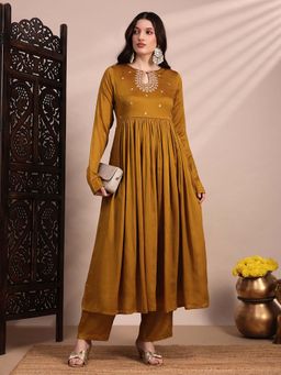 Globus - Women Gold Sequin Embroidered Yoke Keyhole Neck Anarkali Kurta With Pant