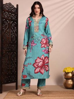 Globus - Women Teal Floral Printed Mirror Work Sequin Embroidered Straight Kurta & Pant Festive Set