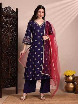 Globus - Women Purple V-Neck Zari Embroidered Kurta With Pant & Dupatta