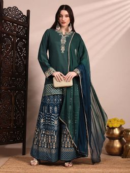 Globus - Women Green Zari Embroidered Yoke Short Kurti With Sharara & Ombre Dupatta
